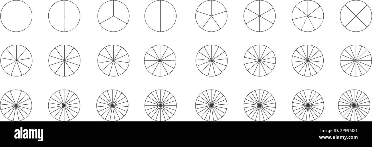 Modelli di grafici a ciambella o a torta. Il cerchio si divide in parti uguali da 2 a 24. Set di diagrammi grafici a rotella con settori isolati su sfondo bianco. Illustrazione del contorno vettoriale Illustrazione Vettoriale
