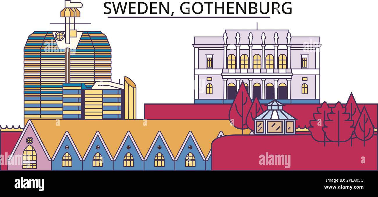 Svezia, Goteborg luoghi di interesse turistico, vettore città viaggio illustrazione Illustrazione Vettoriale