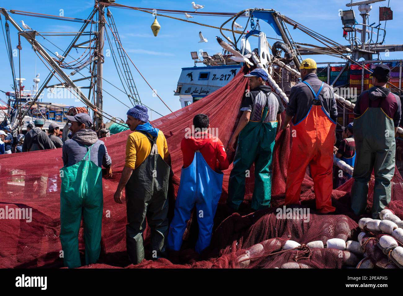 Pescatori pulizia e riassetto reti da pesca a Essaouira Foto Stock