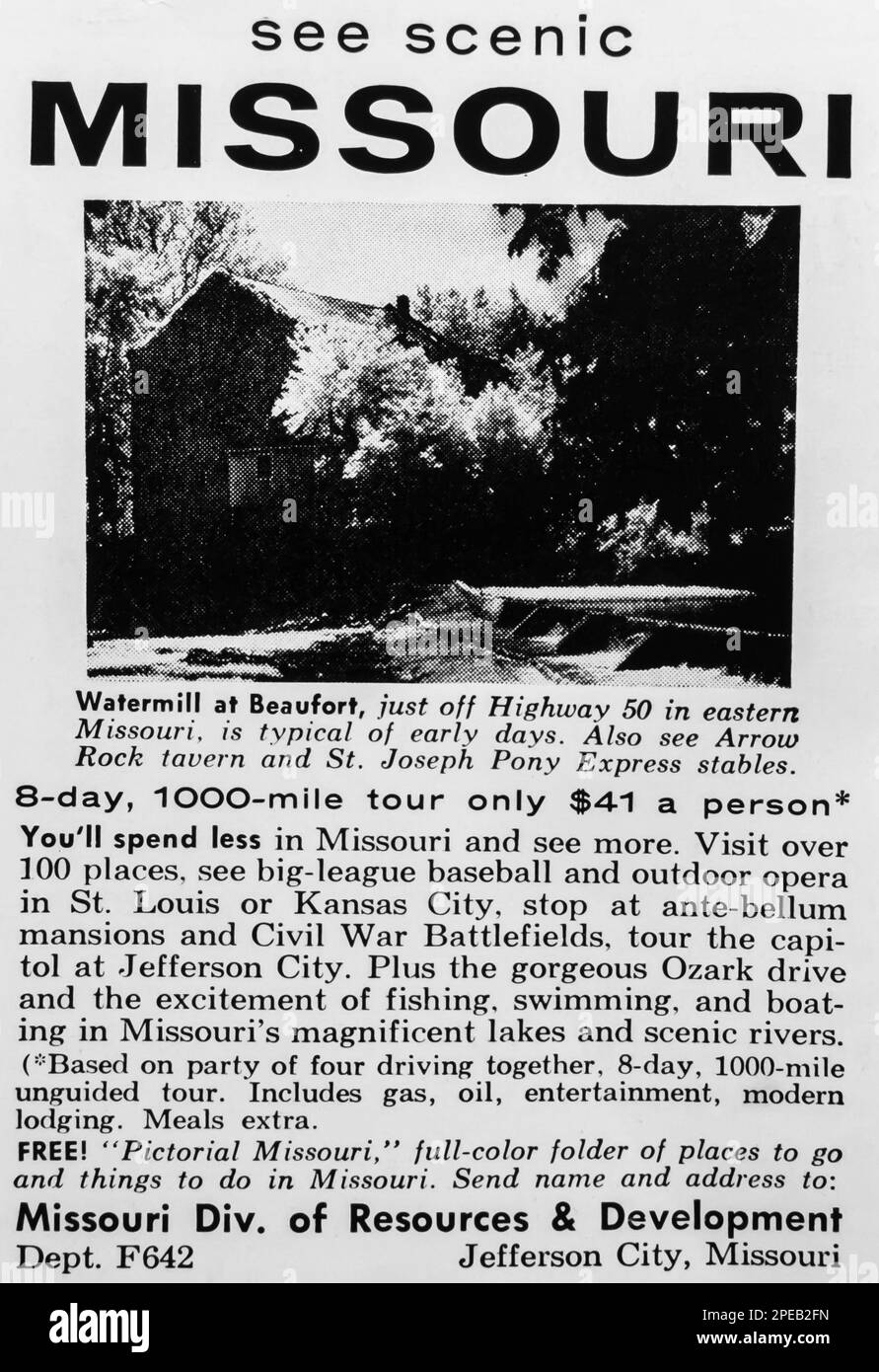 Pubblicità turistica del Missouri in una rivista NatGeo giugno 1956 Foto Stock