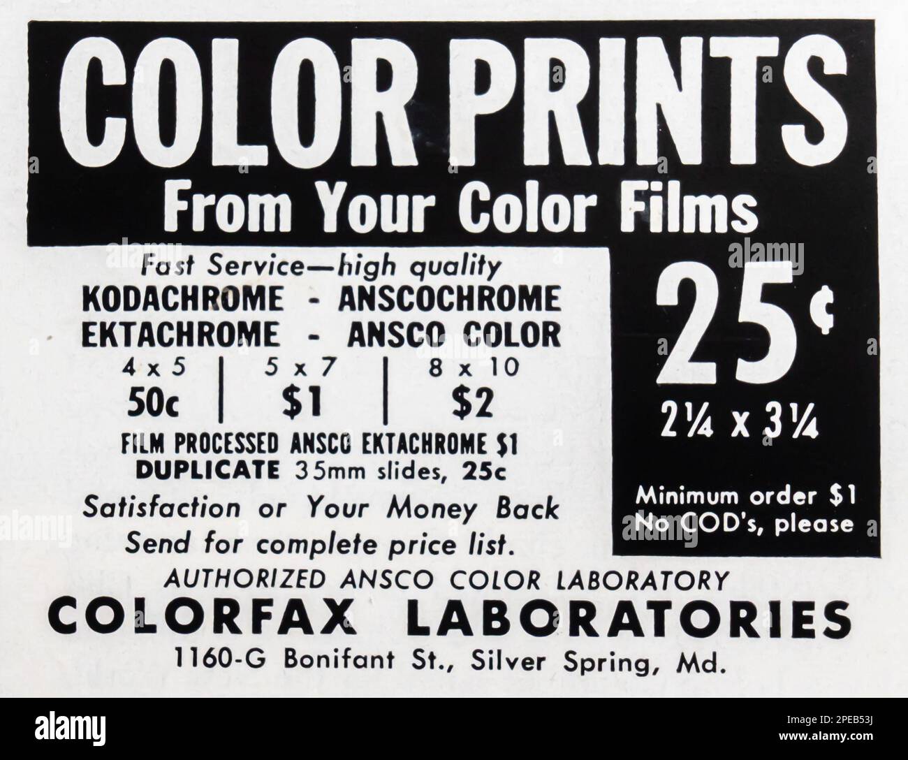 Stampe a colori dalle tue stampe a colori - laboratorio Ansco color - Colorfax annuncio in una rivista NatGeo Luglio 1956 Foto Stock