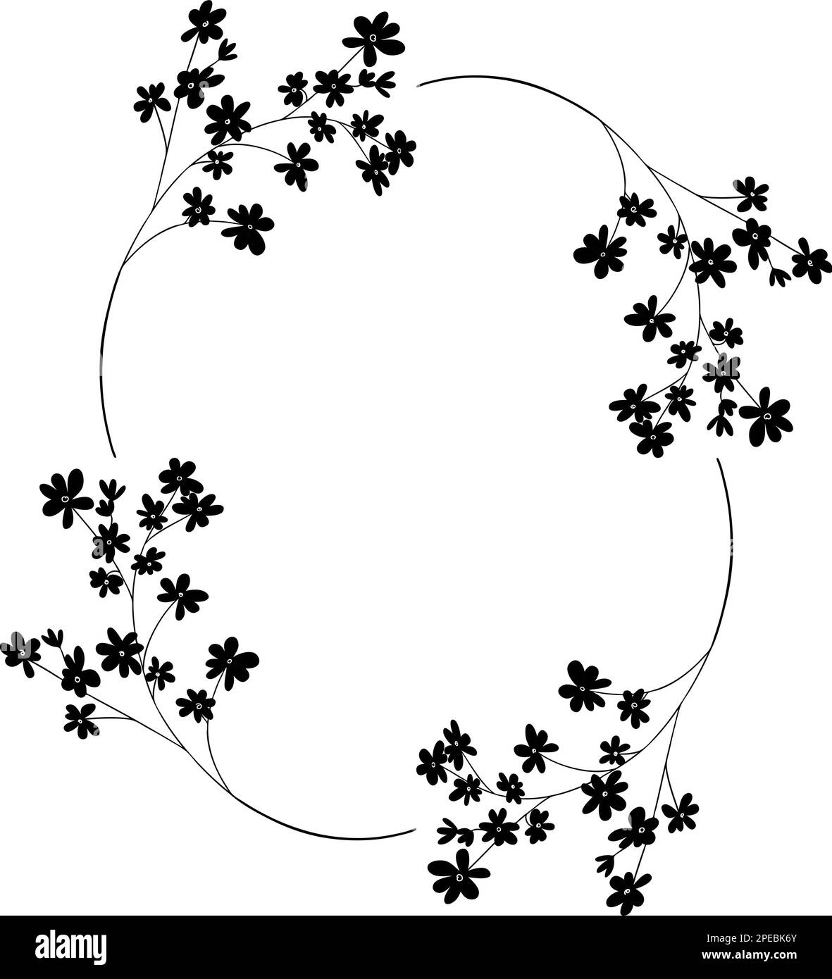 Delicata cornice floreale disegnata a mano, corona di fiori neri Illustrazione Vettoriale
