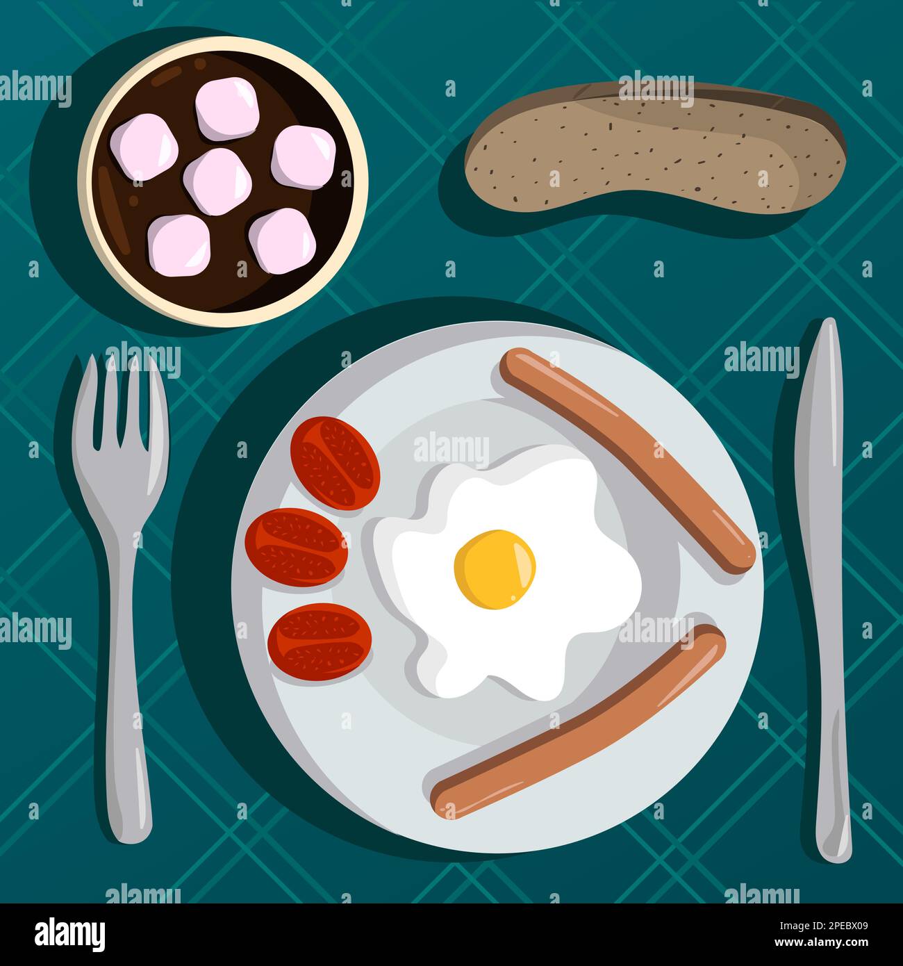 Colazione con caffè e marmellata, uova strapazzate, salsicce e pomodoro Illustrazione Vettoriale