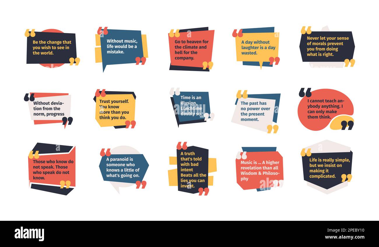 Virgolette in riquadri. Casella di testo con fumetto vocale con virgole per la citazione o il commento, finestra di dialogo del feedback con testo, adesivi per note di discussione. Set piatto vettoriale. Illustrazione Vettoriale