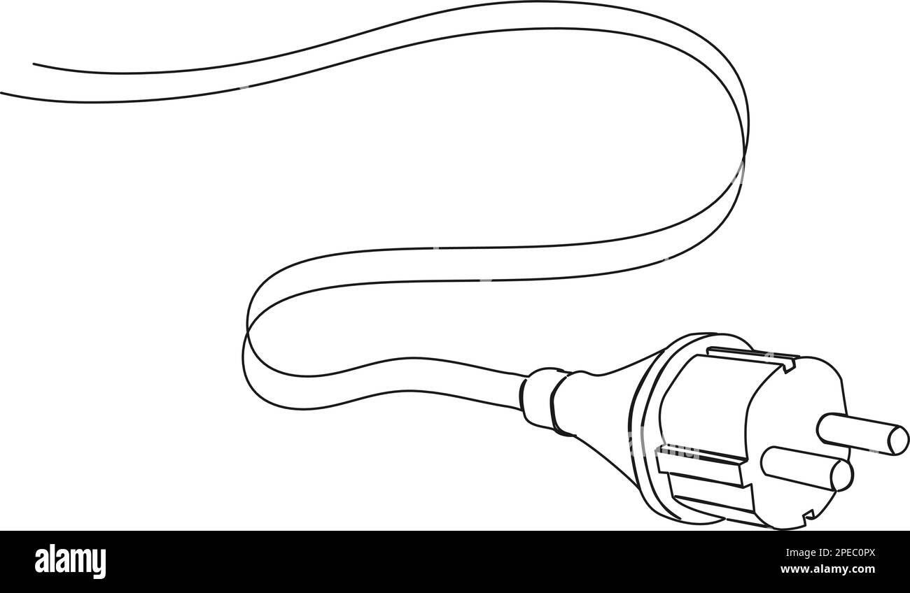 disegno a linea singola continuo di spina elettrica e cavo di alimentazione, illustrazione vettoriale line art Illustrazione Vettoriale