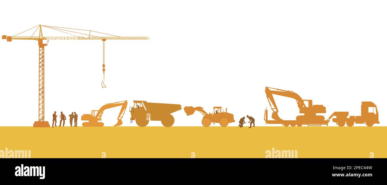 Azienda di costruzione con costruttori e macchine da costruzione illustrazione Illustrazione Vettoriale