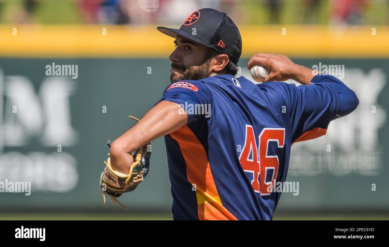 North Port, Stati Uniti. 15th Mar, 2023. Houston Astros reliever Cesar Gomez piazza contro gli Atlanta Braves durante il quinto inning di una partita di baseball di allenamento primaverile al CoolToday Park a North Port, Florida, mercoledì 15 marzo 2023. Foto di Steve Nesius/UPI Credit: UPI/Alamy Live News Foto Stock