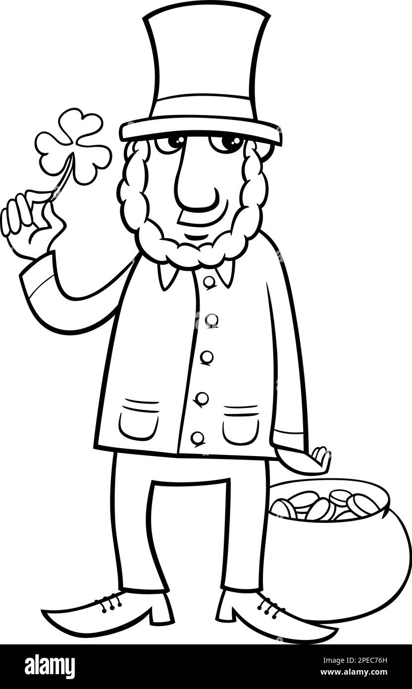 Illustrazione in bianco e nero del personaggio fantasy Leprechaun con trifoglio sulla pagina da colorare del giorno di San Patrizio Illustrazione Vettoriale