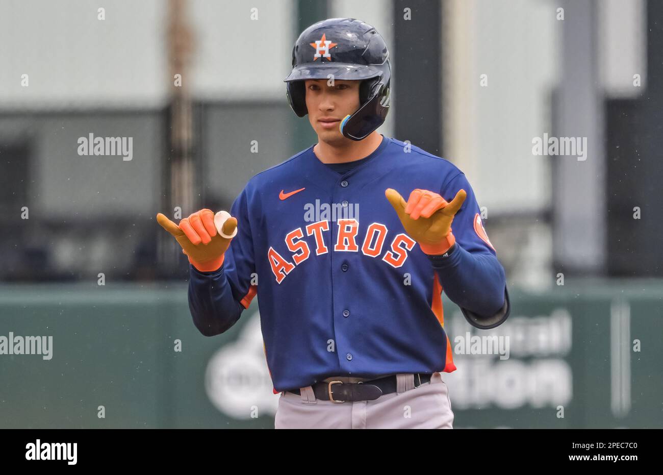 North Port, Stati Uniti. 15th Mar, 2023. Shay Whitcomb di Houston Astros, dopo aver colpito una linea guida doppia durante la seconda inning di una partita di baseball di allenamento primaverile contro gli Atlanta Braves al CoolToday Park a North Port, Florida, mercoledì 15 marzo 2023. Foto di Steve Nesius/UPI Credit: UPI/Alamy Live News Foto Stock