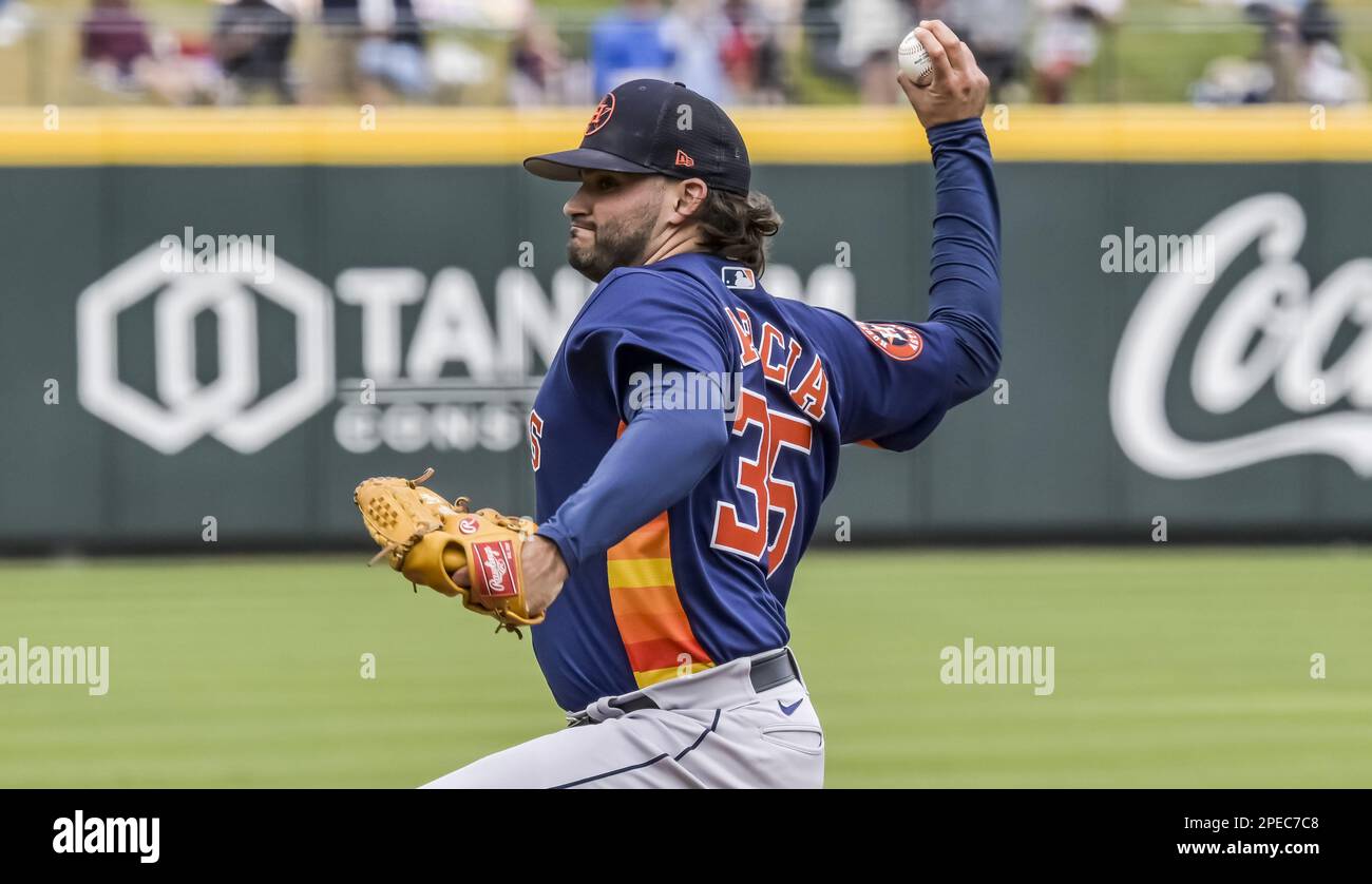 North Port, Stati Uniti. 15th Mar, 2023. Il Bryan Garcia di Houston Astros si scontra con gli Atlanta Braves durante la prima partita di baseball di allenamento primaverile al CoolToday Park a North Port, Florida, mercoledì 15 marzo 2023. Foto di Steve Nesius/UPI Credit: UPI/Alamy Live News Foto Stock