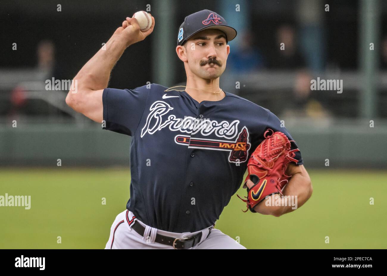 North Port, Stati Uniti. 15th Mar, 2023. Atlanta Braves Starter Spencer Strider si piazza contro gli Houston Astros durante il primo inning di una partita di baseball di allenamento primaverile al CoolToday Park a North Port, Florida, mercoledì 15 marzo 2023. Foto di Steve Nesius/UPI Credit: UPI/Alamy Live News Foto Stock