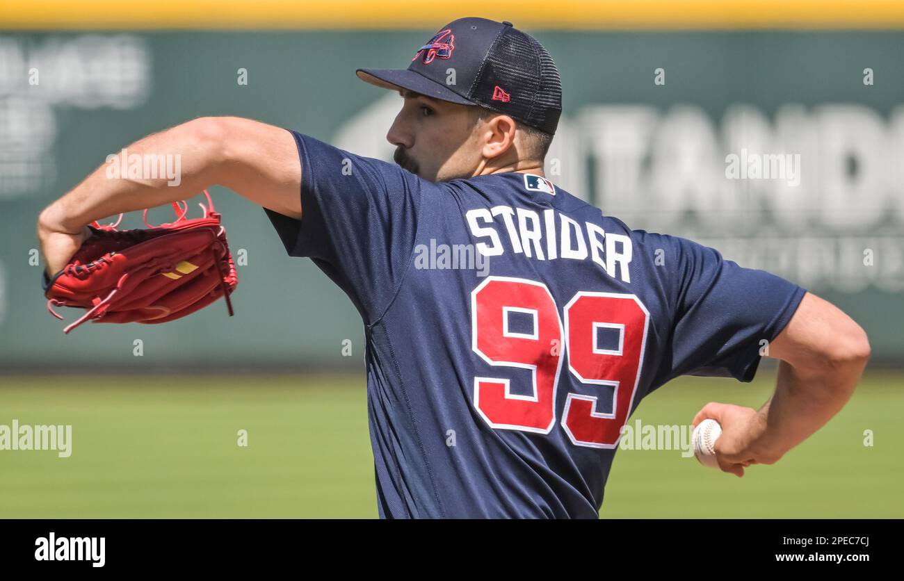 North Port, Stati Uniti. 15th Mar, 2023. Lo Spencer Strider di Atlanta Braves si scontra con gli Houston Astros durante la terza edizione di una partita di baseball di allenamento primaverile al CoolToday Park a North Port, Florida, mercoledì 15 marzo 2023. Foto di Steve Nesius/UPI Credit: UPI/Alamy Live News Foto Stock