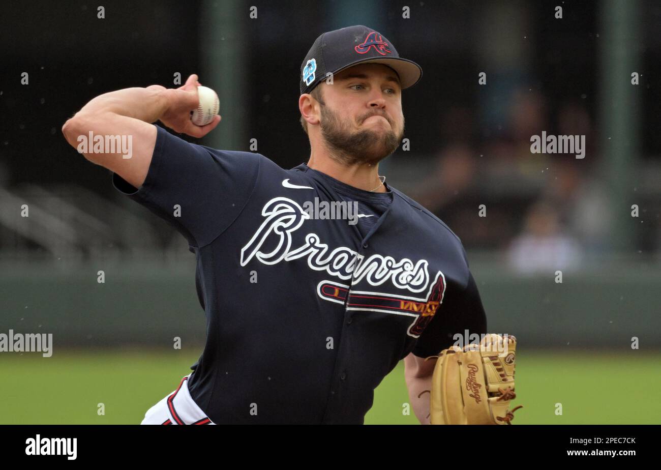 North Port, Stati Uniti. 15th Mar, 2023. Jon Olczak di Atlanta Braves si piazza contro gli Houston Astros durante la prima edizione di una partita di baseball di allenamento primaverile al CoolToday Park a North Port, Florida, mercoledì 15 marzo 2023. Foto di Steve Nesius/UPI Credit: UPI/Alamy Live News Foto Stock