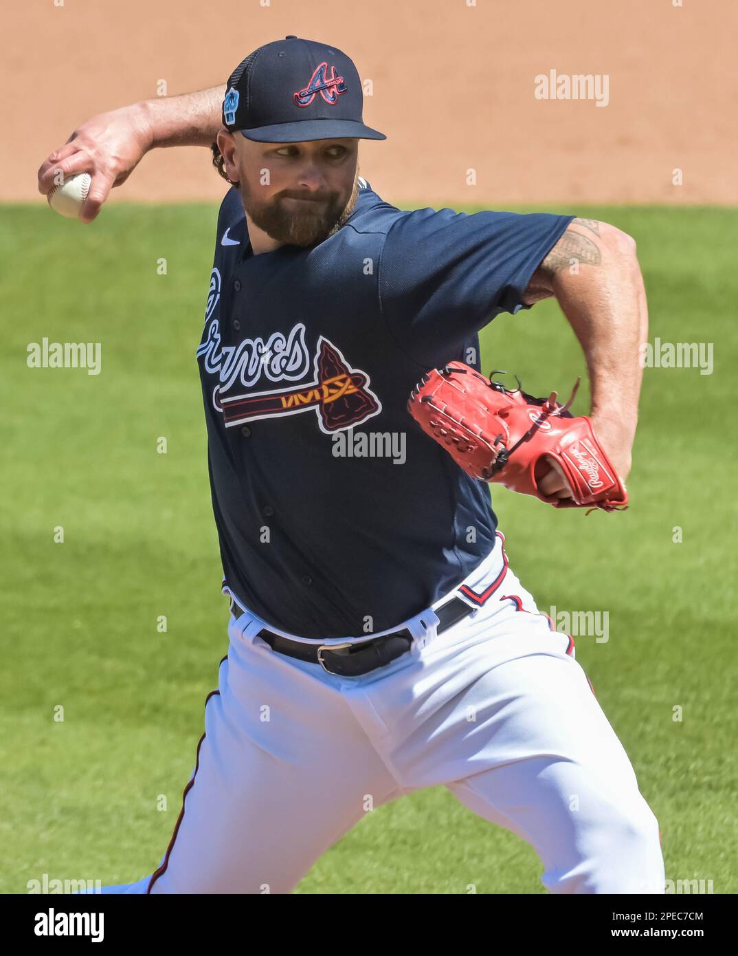 North Port, Stati Uniti. 15th Mar, 2023. Il Kirby Yates di Atlanta Braves si scontra con gli Houston Astros durante la sesta edizione di una partita di baseball di allenamento primaverile al CoolToday Park a North Port, Florida, mercoledì 15 marzo 2023. Foto di Steve Nesius/UPI Credit: UPI/Alamy Live News Foto Stock