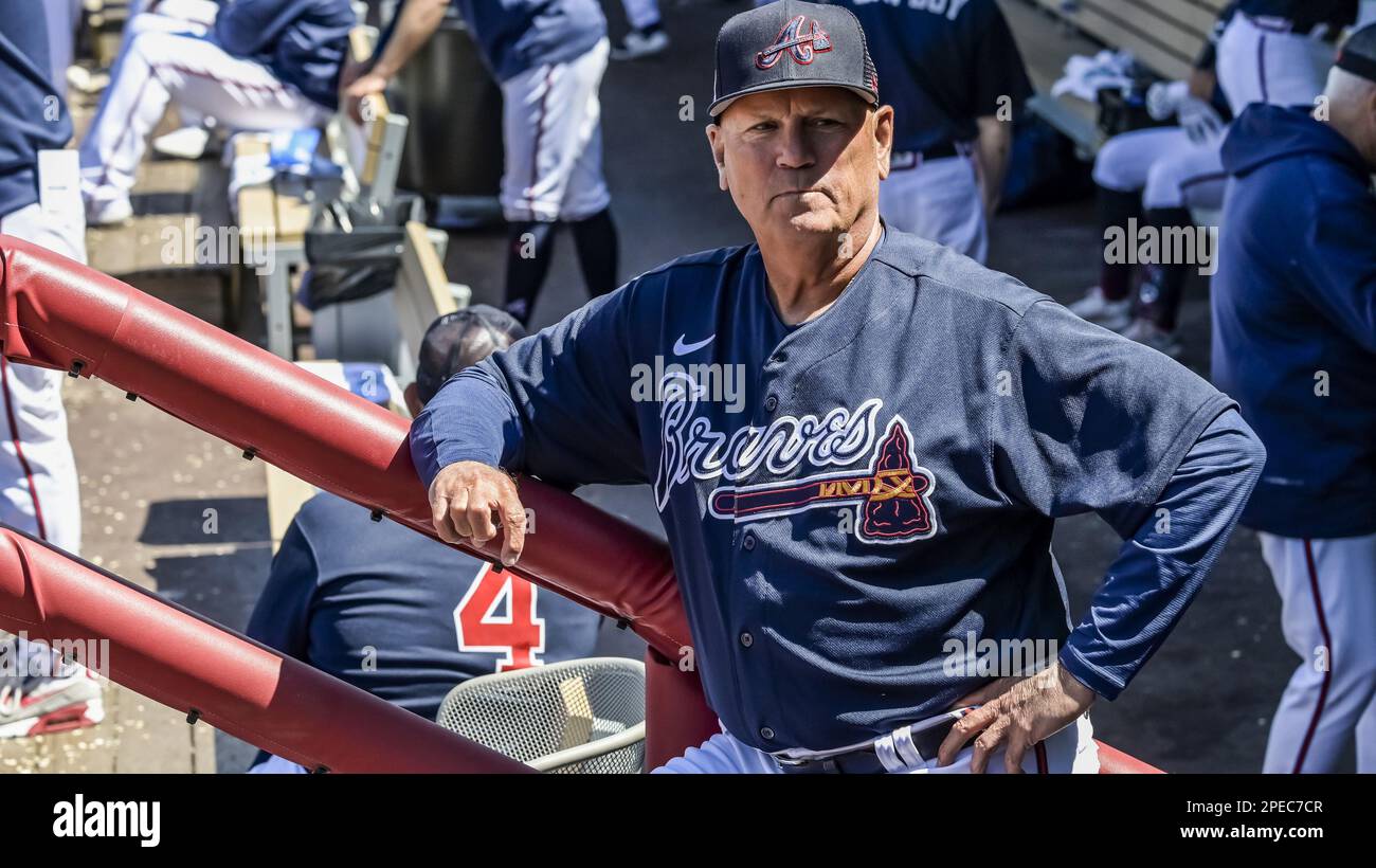 North Port, Stati Uniti. 15th Mar, 2023. Brian Snitker, manager di Atlanta Braves, si trova nel dugout durante la quarta edizione di una partita di baseball di allenamento primaverile contro gli Houston Astros al CoolToday Park a North Port, Florida, mercoledì 15 marzo 2023. Foto di Steve Nesius/UPI Credit: UPI/Alamy Live News Foto Stock