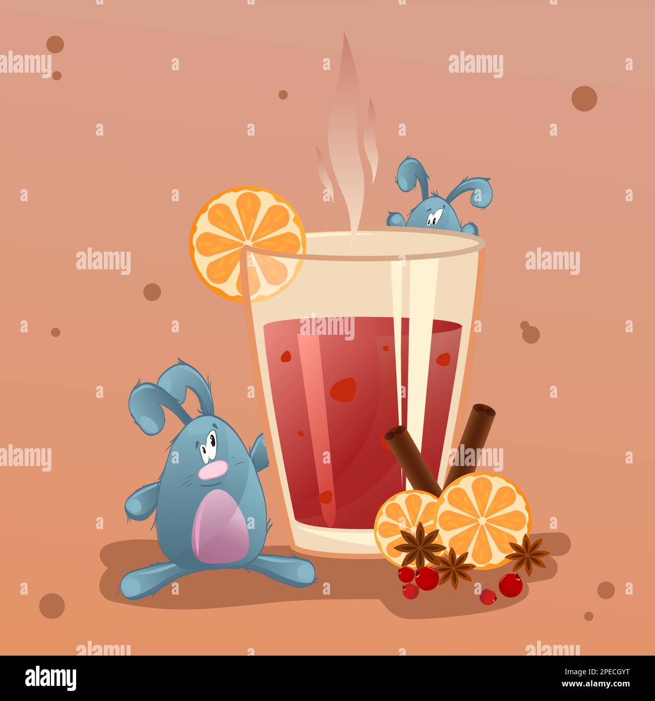 Simpatici conigli grigi in miniatura che goofing intorno ad una tazza di VIN brulé. Intorno alla tazza si trovano arance, spezie, bacche e cannella. Illustrazione Vettoriale