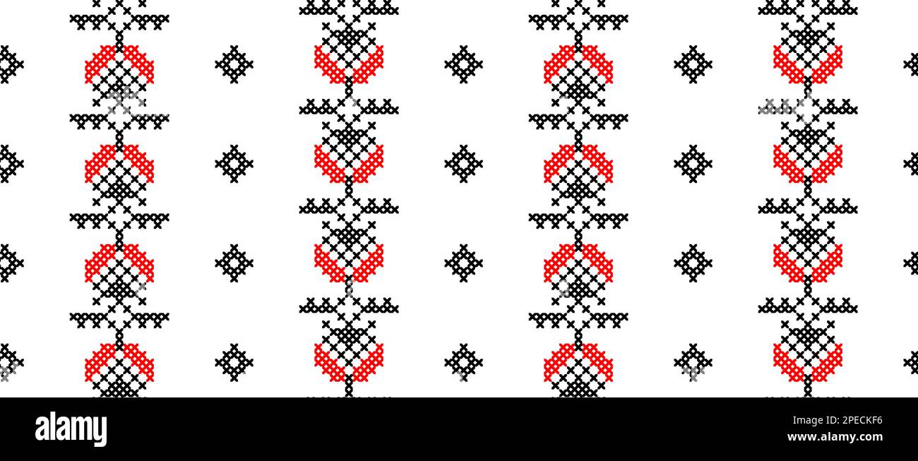 Modello tessile vettoriale ucraino, ornamento moderno. Stampa in rosso e nero. Modello tessile ucraino. Pixel art, vyshyvanka, punto a croce Illustrazione Vettoriale