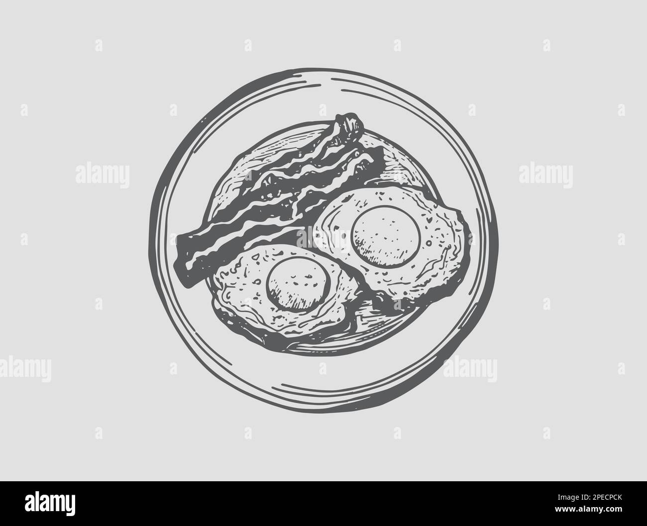 Uova e pancetta su un piatto. Disegnato a mano Illustrazione Vettoriale
