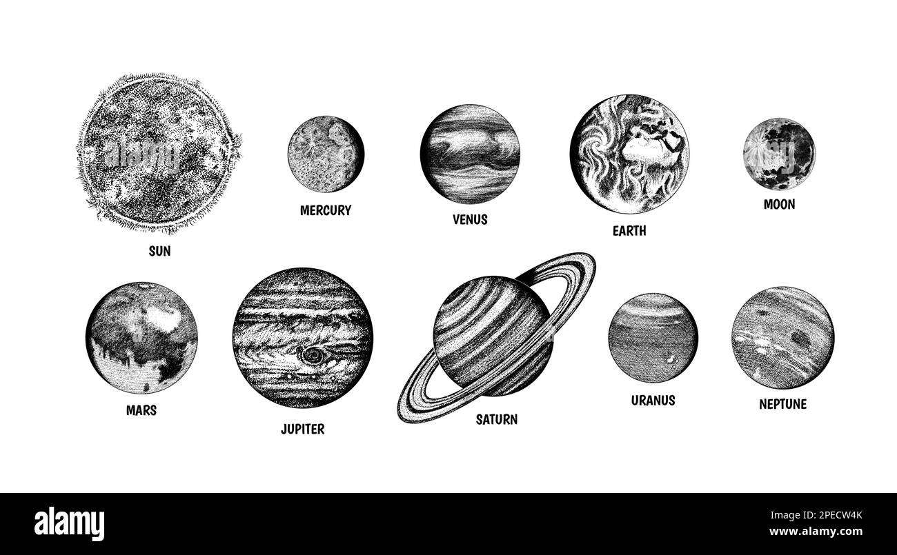 Pianeti in sistema solare. Luna e sole, mercurio e terra, Marne e venere, giove o saturno e plutone. spazio galassico astronomico. mano incisa Illustrazione Vettoriale