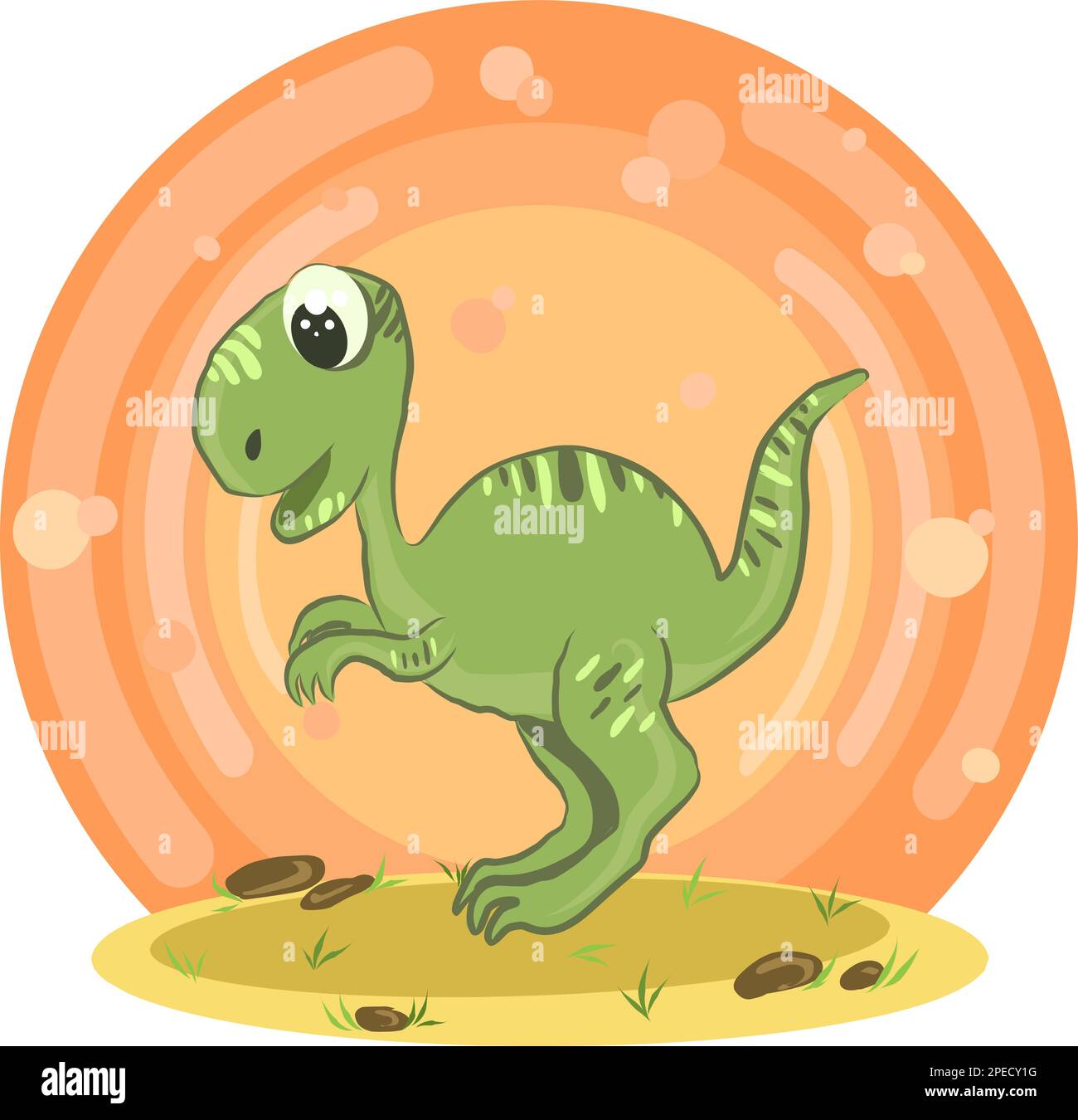 Cartone animato verde Tyrannosaurus rex su sabbia con rocce. Sfondo arancione con luci e cerchi. Vettore. Illustrazione Vettoriale