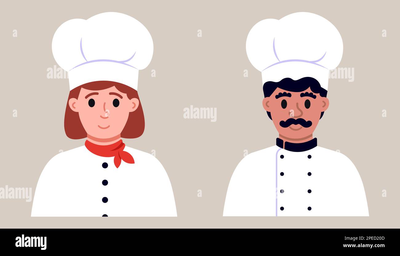 Ritratti dei capi dei ristoranti. Donna e uomo professionale Vector Illustration in stile piatto Illustrazione Vettoriale