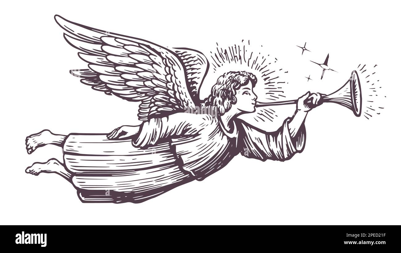 Angelo natalizio che vola e tromba su tubo. Festa religiosa. Illustrazione vettoriale disegnata a mano in stile di incisione vintage Illustrazione Vettoriale