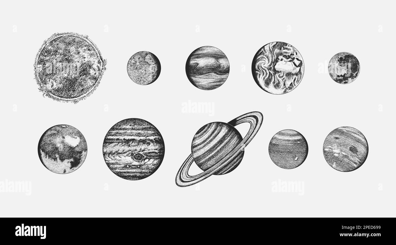 Pianeti in sistema solare. Luna e sole, mercurio e terra, Marne e venere, giove o saturno e plutone. spazio galassico astronomico. mano incisa Illustrazione Vettoriale