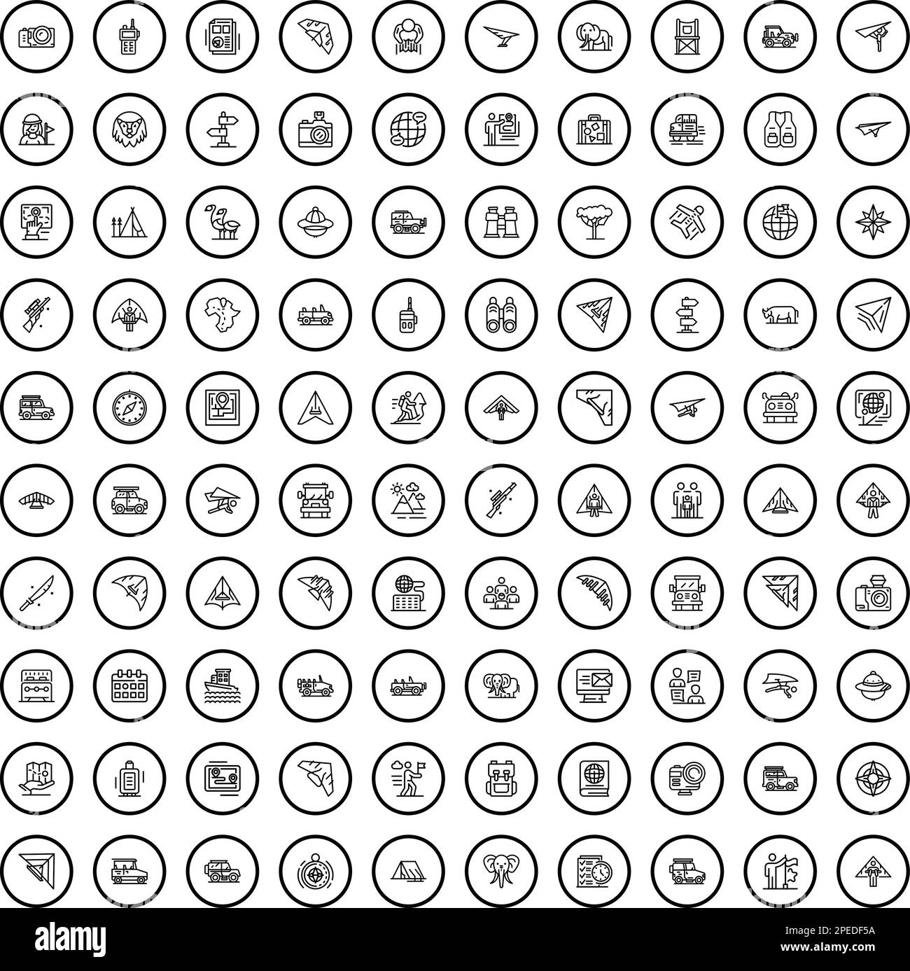 100 icone di avventura set. Illustrazione di 100 icone di avventura set vettoriale isolato su sfondo bianco Illustrazione Vettoriale