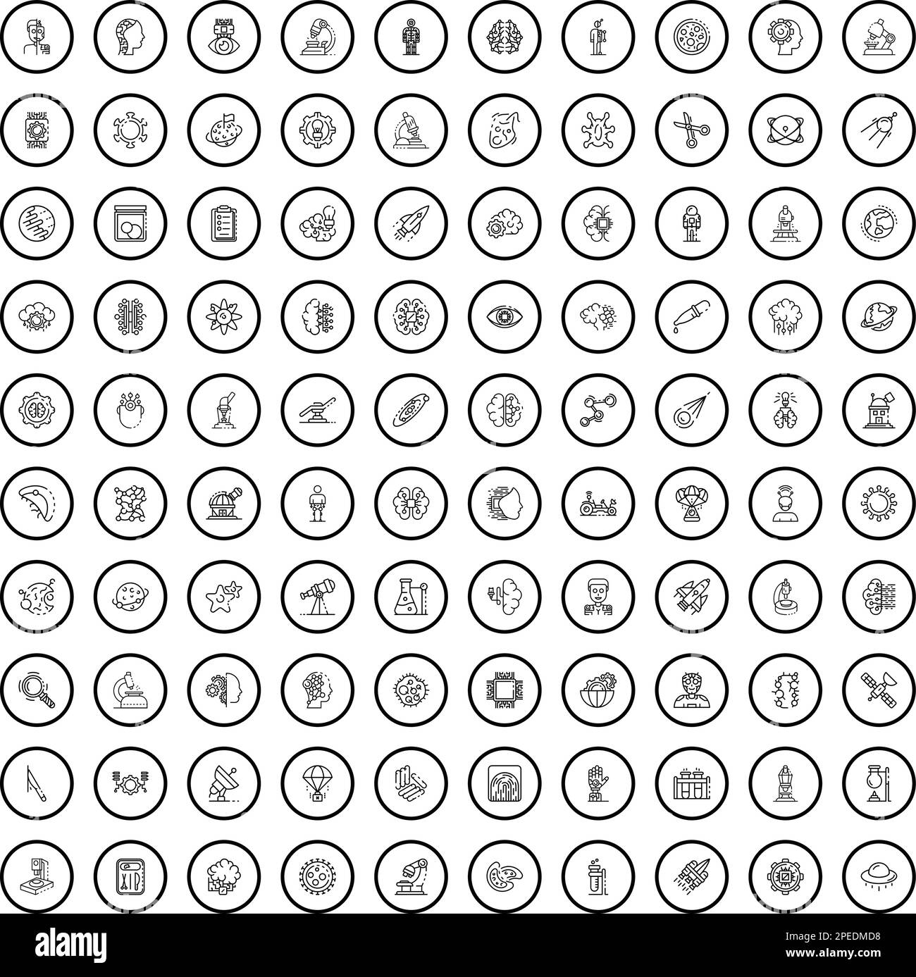 set di 100 icone scientifiche. Illustrazione di un vettore di 100 icone scientifiche isolato su sfondo bianco Illustrazione Vettoriale