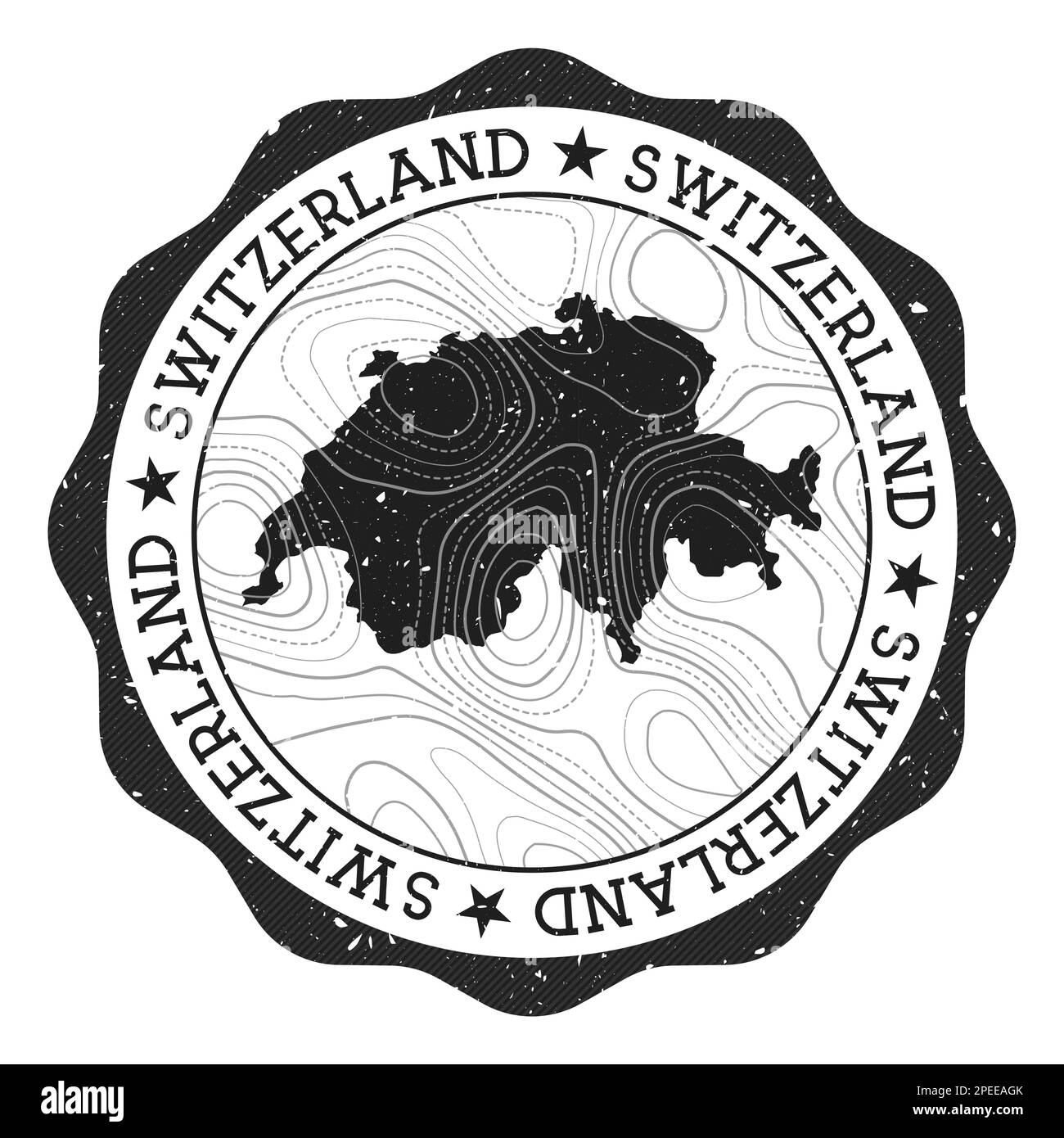 Francobollo per esterni della Svizzera. Adesivo rotondo con mappa del paese con isoline topografiche. Illustrazione vettoriale. Illustrazione Vettoriale