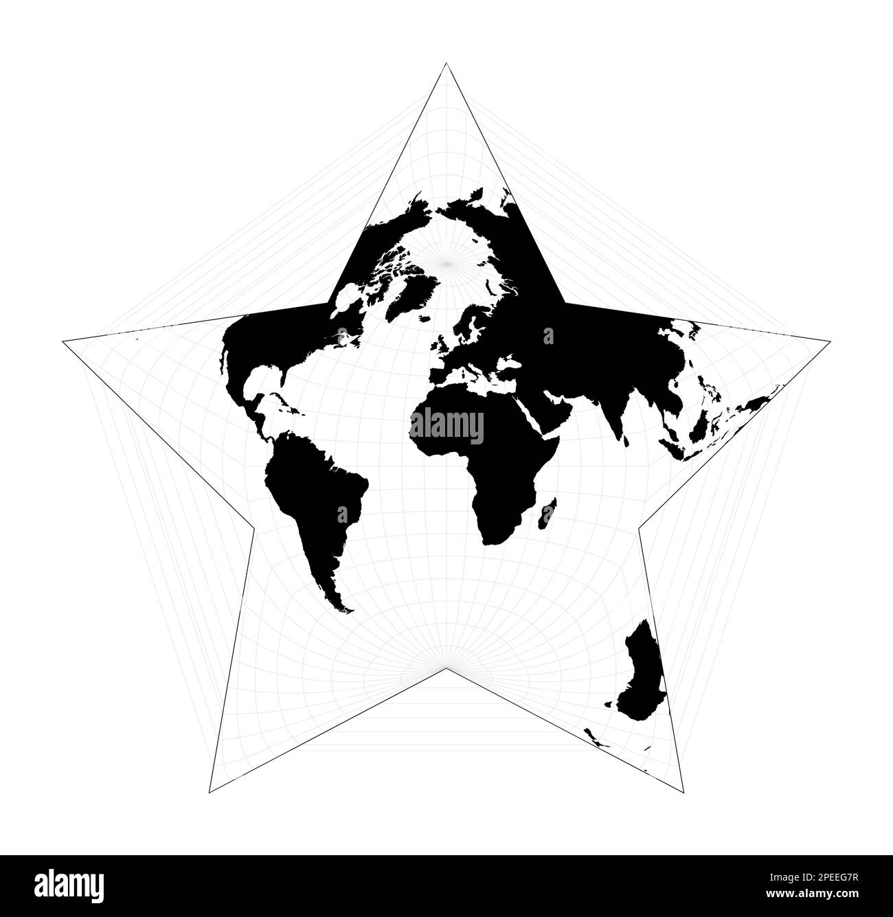Mappa del mondo nero su sfondo bianco. Proiezione delle stelle di Berghaus. Mappa geografica del mondo pianeggiante con linee reticolari. Illustrazione vettoriale. Illustrazione Vettoriale