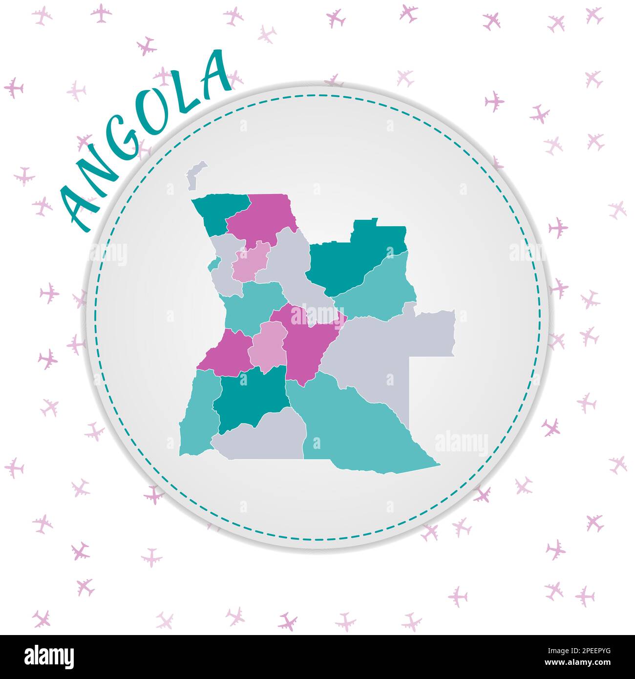 Progettazione di mappe in Angola. Mappa del paese con regioni nella tavolozza dei colori smeraldo-ametista. Illustrazione Vettoriale