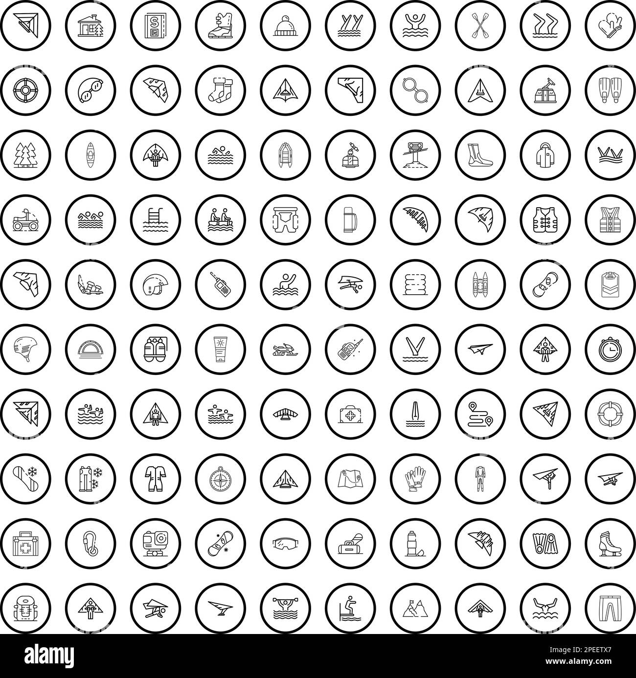 100 icone sportive impostate. Illustrazione di un vettore di 100 icone sportive isolato su sfondo bianco Illustrazione Vettoriale