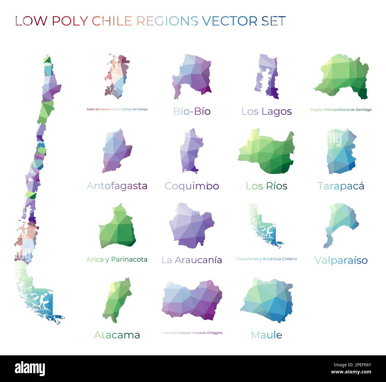 Regioni cilene a bassa poly. Mappa poligonale del Cile con regioni. Mappe geometriche per il progetto. Illustrazione creativa del vettore. Illustrazione Vettoriale