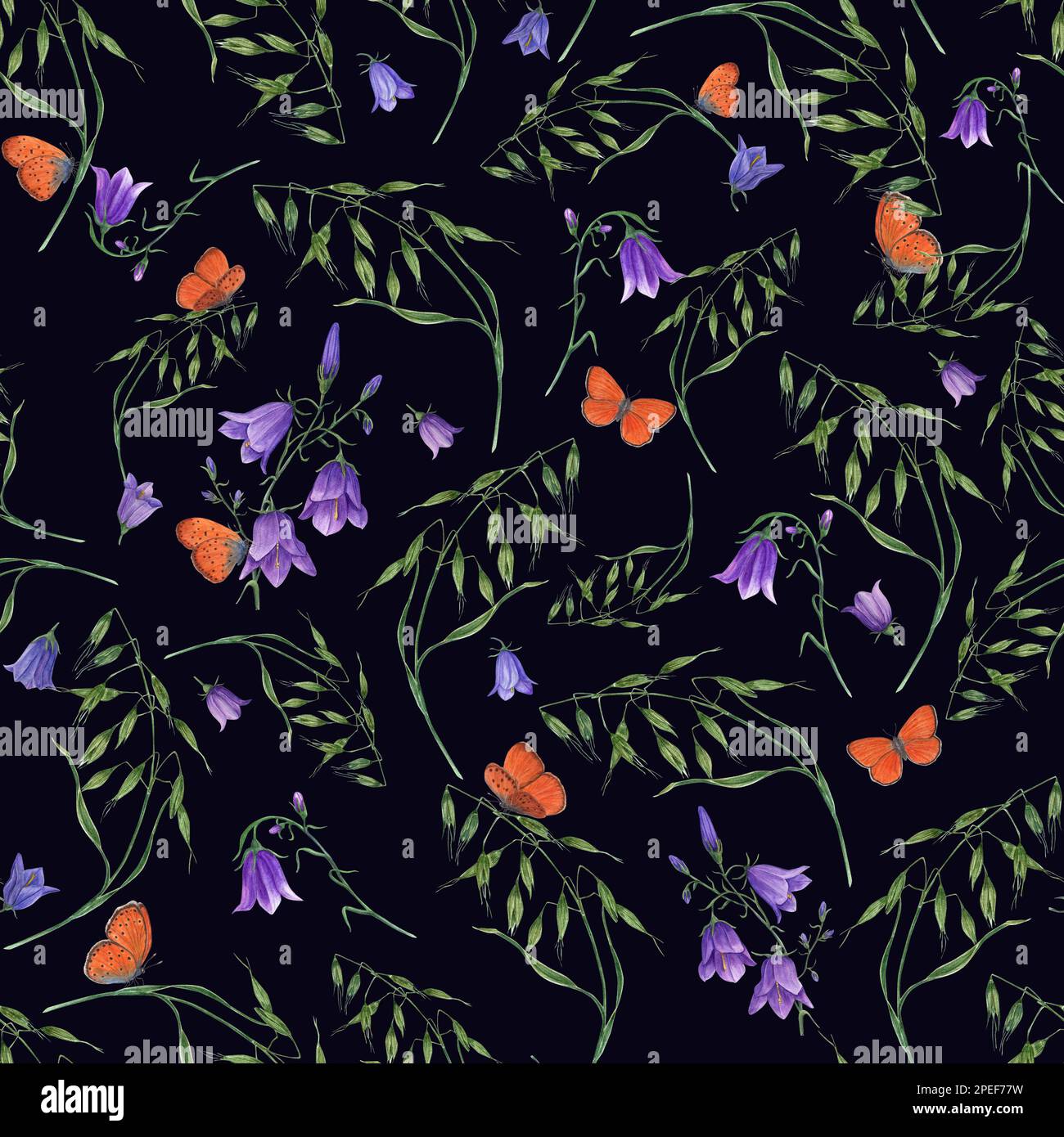 Motivi floreali senza cuciture di bluebells, avena selvatica, farfalle volanti isolate su sfondo scuro. Illustrazione disegnata a mano in acquerello per poster Foto Stock