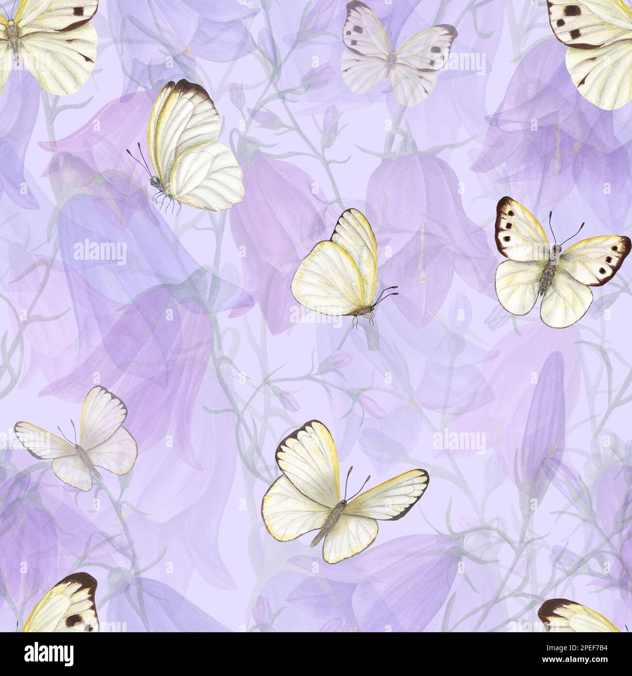 Acquerello modello senza cuciture di farfalle bianche volanti isolato su sfondo di bluebells. Per il design del biglietto d'auguri, il modello di invito, le stampe Foto Stock