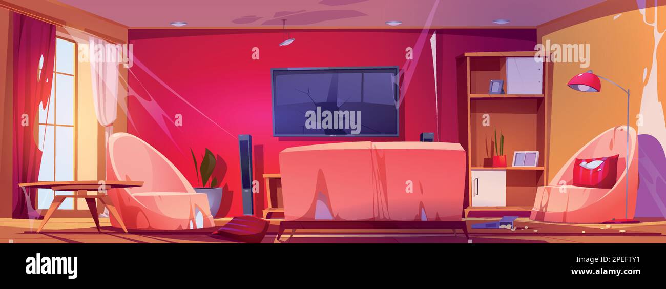 Casa sporca, vecchio salotto interno con TV e mobili rotti. Caotico appartamento abbandonato con divano, televisione, sedie, tende strappate, spazzatura e spiderweb, illustrazione del cartoon vettoriale Illustrazione Vettoriale