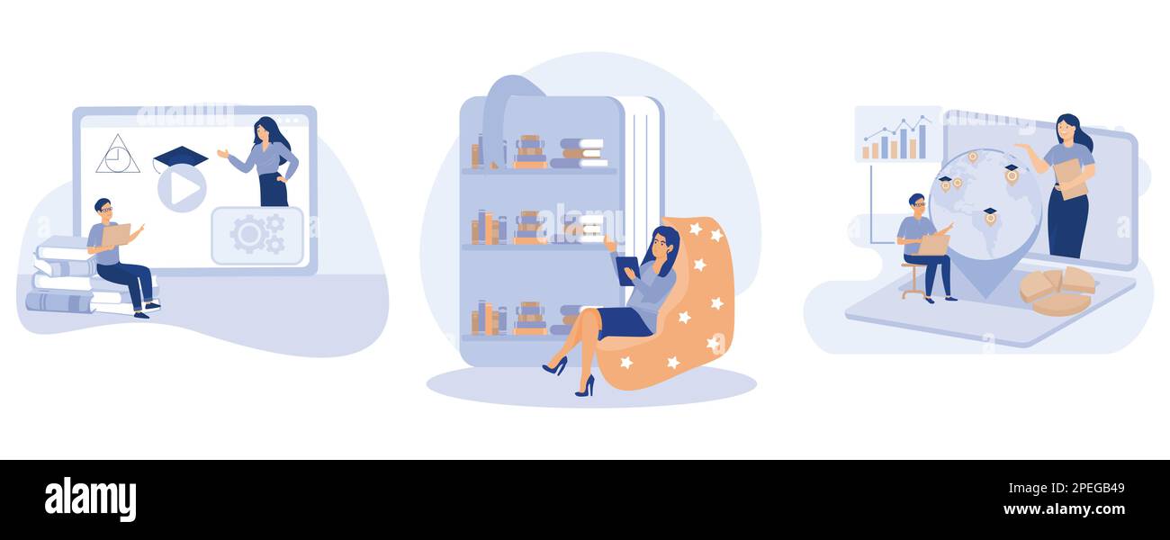 Concetto di strumenti di e-learning, corsi online, e-library, formazione online globale, diploma di certificazione, accesso al negozio di contenuti, piano di apprendimento individuale, set Illustrazione Vettoriale