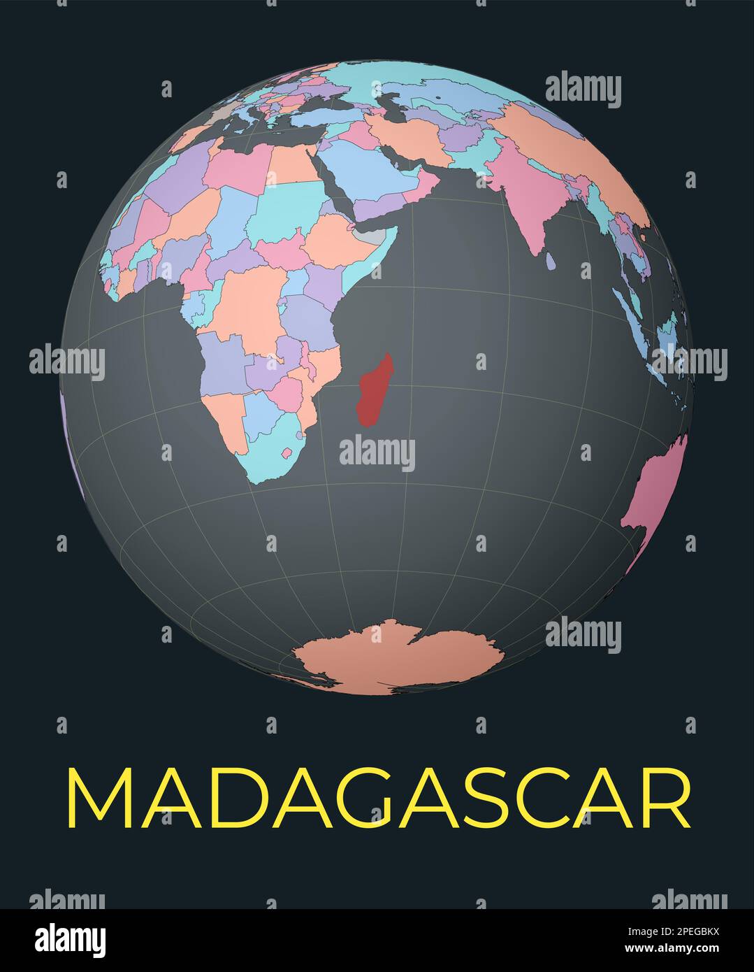 Mappa del mondo incentrata sul Madagascar. Paese evidenziato in rosso. Visione satellitare del mondo incentrata sul paese con il nome. Illustrazione vettoriale. Illustrazione Vettoriale