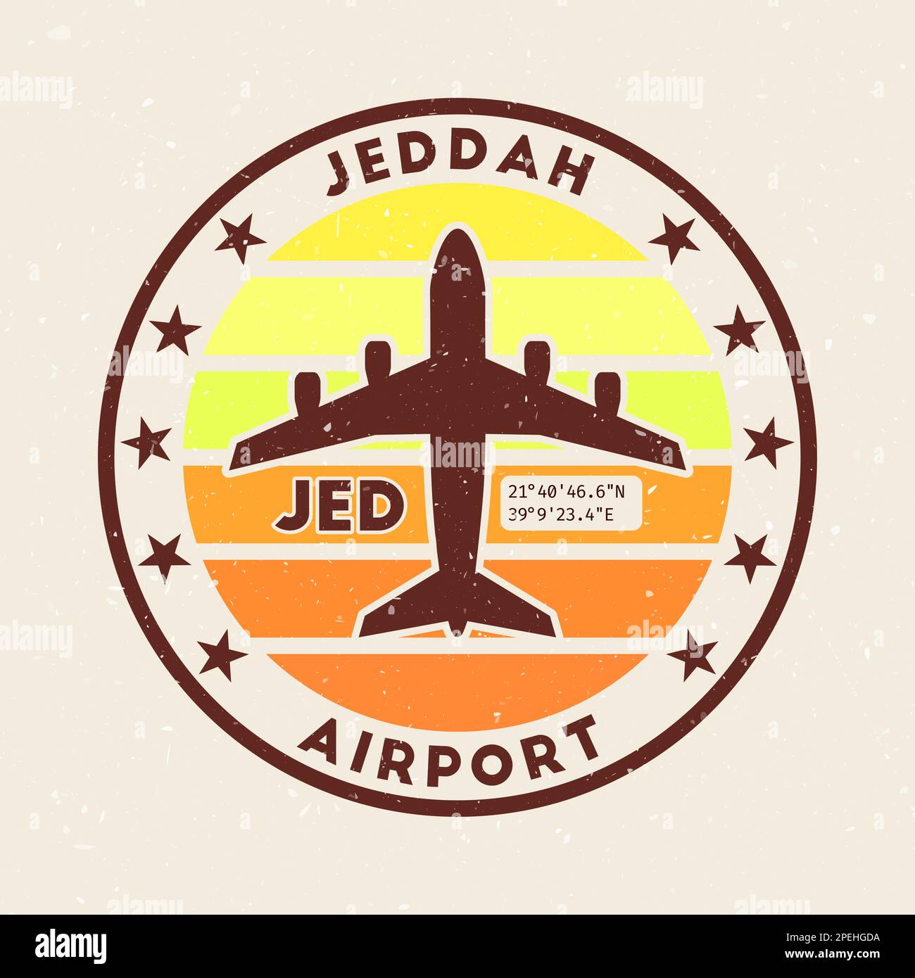 Insegna dell'aeroporto di Jeddah. Badge rotondo con strisce vintage, forma aeroplano, codice IATA aeroportuale e coordinate GPS. Illustrazione vettoriale originale. Illustrazione Vettoriale