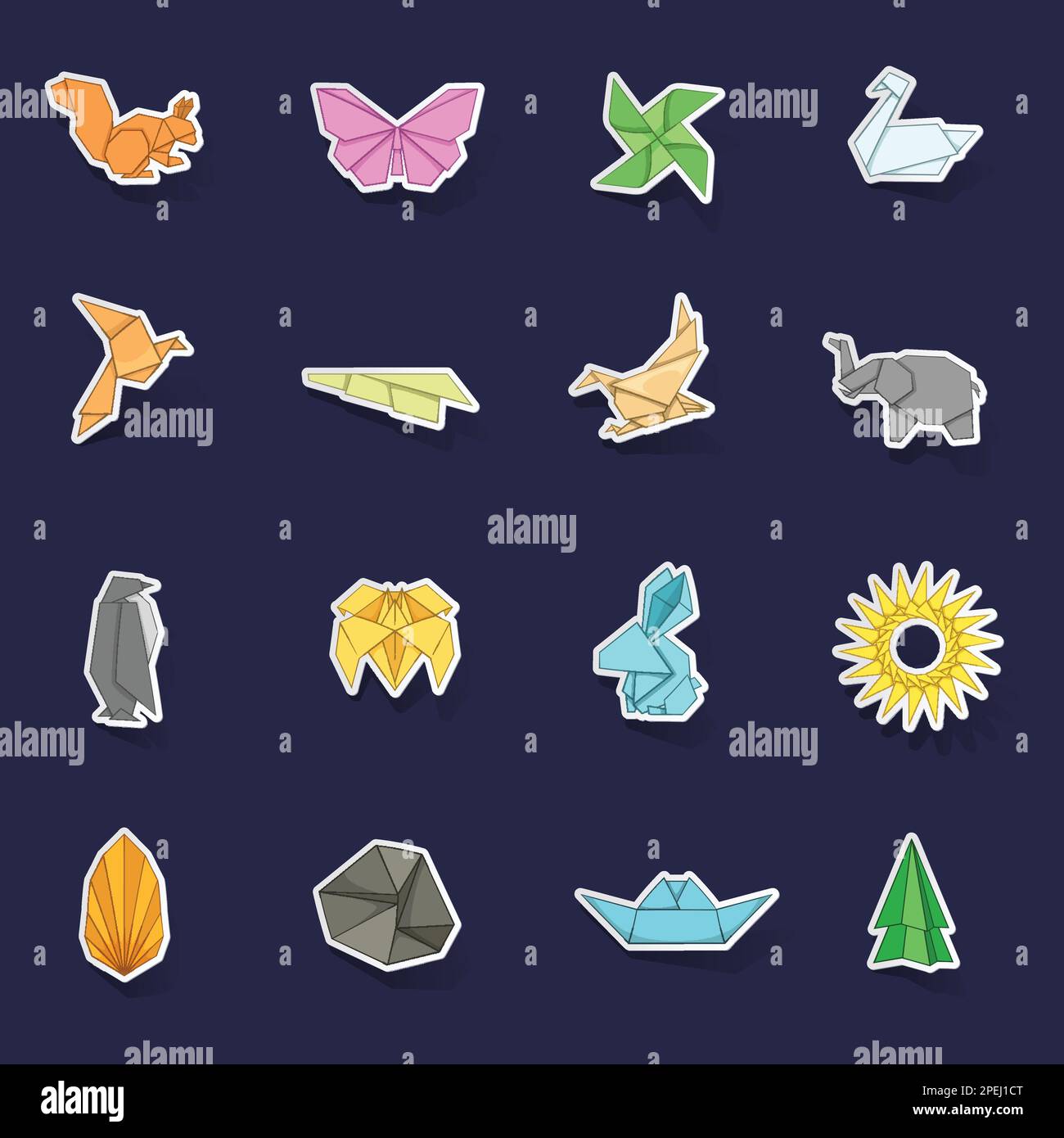 Origami Icons Set stioners collezione vettore con ombra su sfondo viola Illustrazione Vettoriale