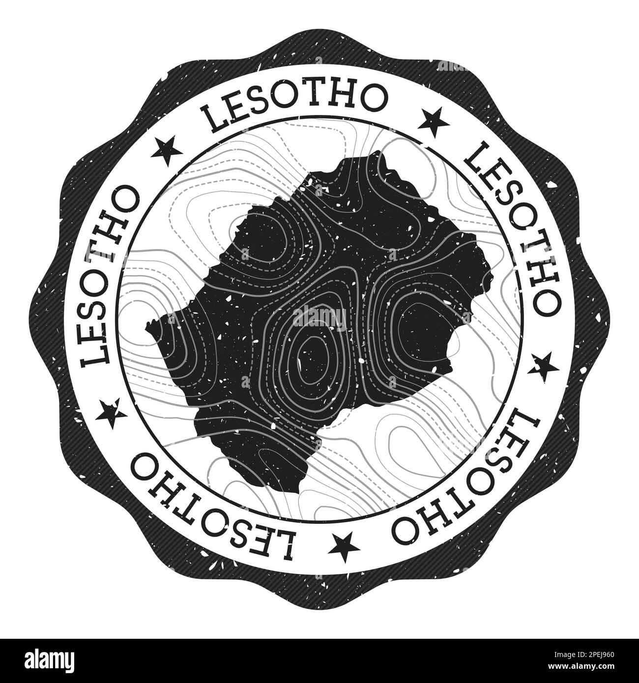Francobollo per esterni in Lesotho. Adesivo rotondo con mappa del paese con isoline topografiche. Illustrazione vettoriale. Illustrazione Vettoriale