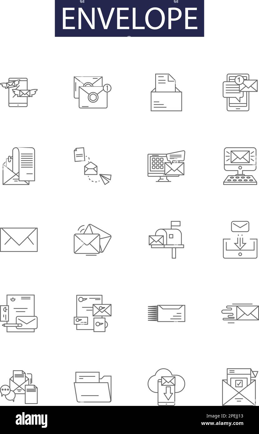 Icone e segni vettoriali delle linee di inviluppo. Mailer, Packet, Pouch, Sack, Envelope, Set di illustrazioni vettoriali con guaina, involucro, avvolgimento Illustrazione Vettoriale