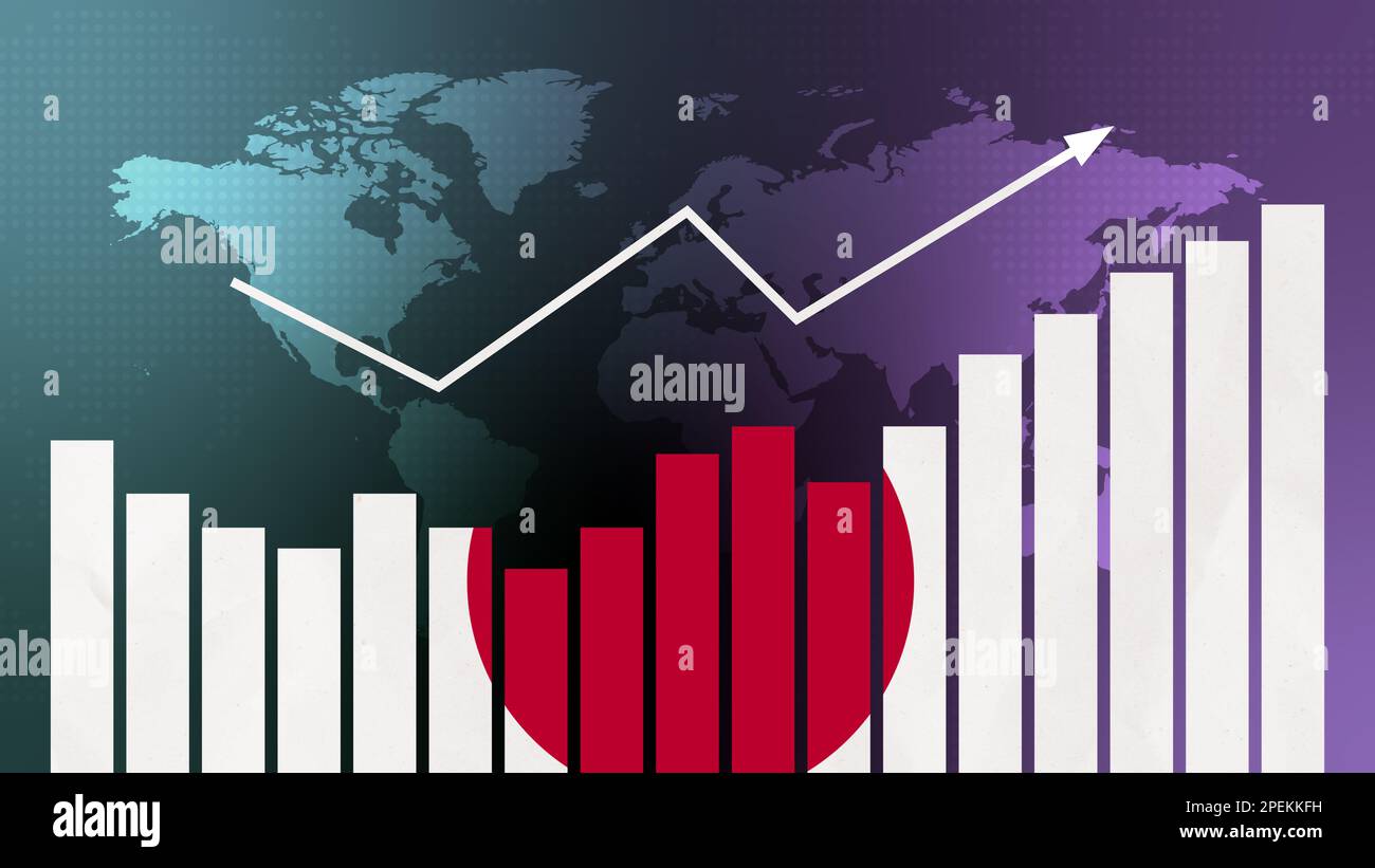 Grafico a barre del Giappone con saliscendi, valori crescenti, concetto di ripresa economica e miglioramento delle imprese, riapertura delle imprese, conflitto politico Foto Stock