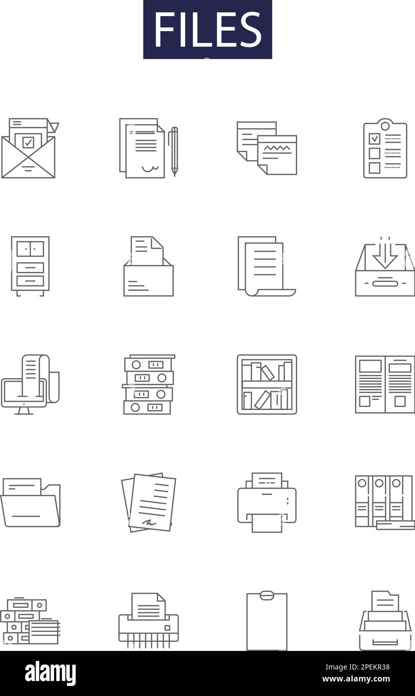 File icone e segni vettoriali. Documenti, registrazioni, dati, registri, carte, Archivi, immagini, testi insieme di illustrazioni vettoriali di contorno Illustrazione Vettoriale