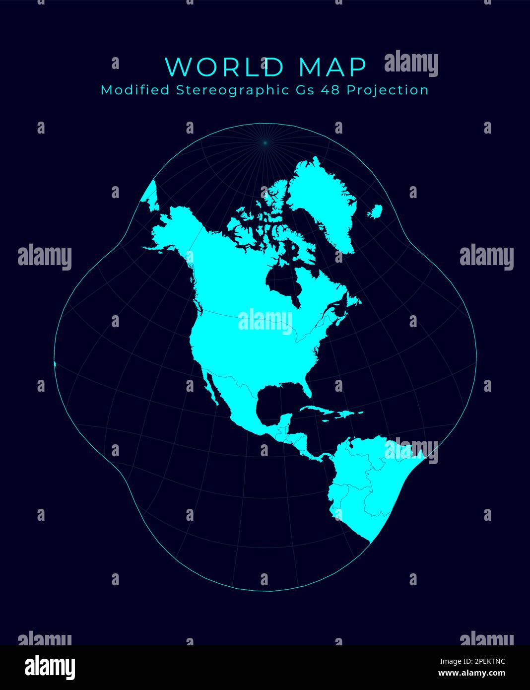 Mappa del mondo. Proiezione stereografica modificata per gli Stati Uniti. Illustrazione futuristica del mondo infografica. Colori ciano brillanti Illustrazione Vettoriale