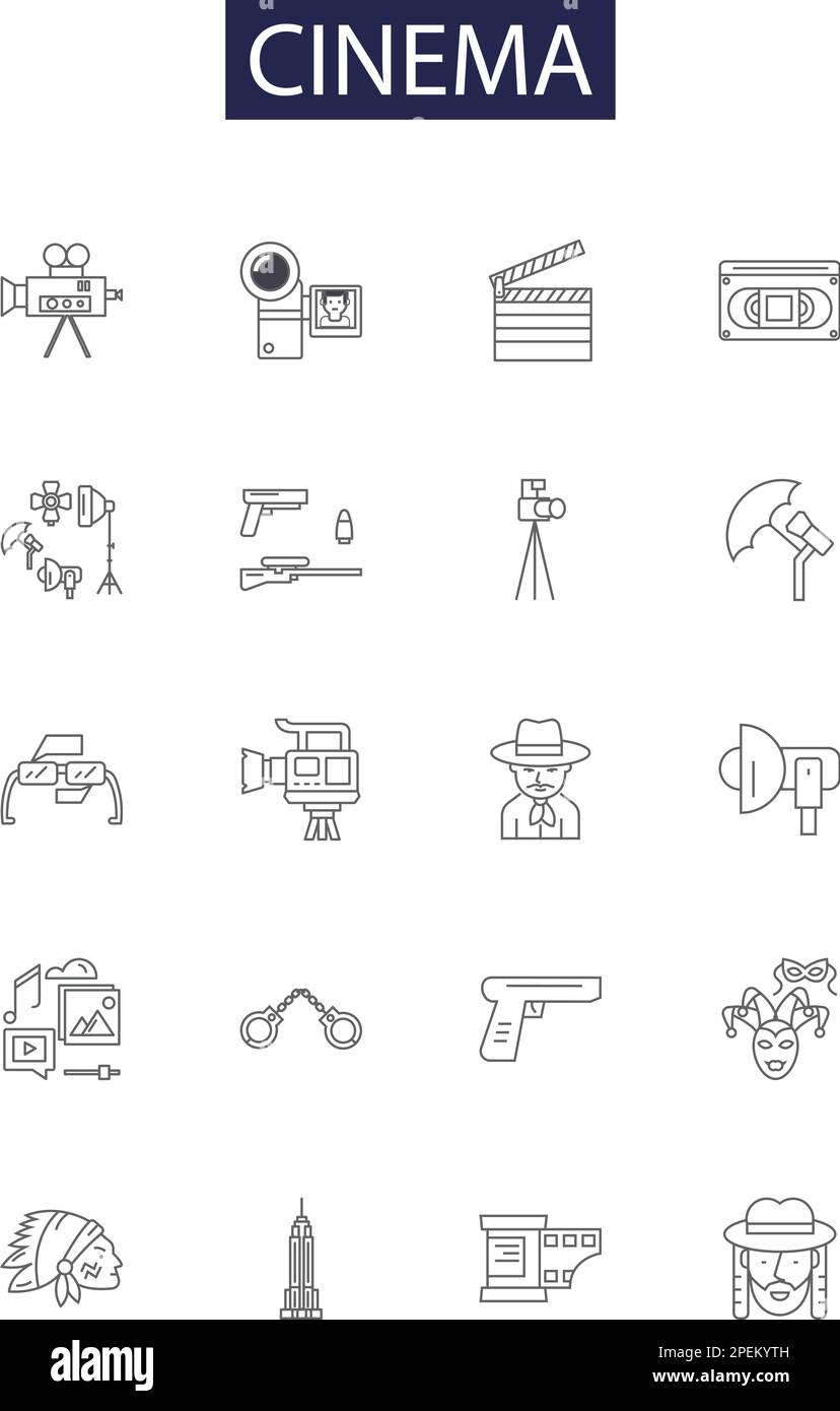 Icone e insegne vettoriali per linee cinematografiche. Film, Teatro, spettatore di teatro, Video, bobina, Proiettore, Blockbuster, attori delineano il set di illustrazioni vettoriali Illustrazione Vettoriale