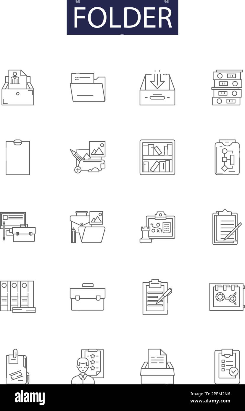 Icone e segni vettoriali delle linee di cartella. Archivio, Archivio, Organizzatore, Storeroom, raccolta, Illustrazione del vettore di contorno di indice, assieme, aggregazione Illustrazione Vettoriale