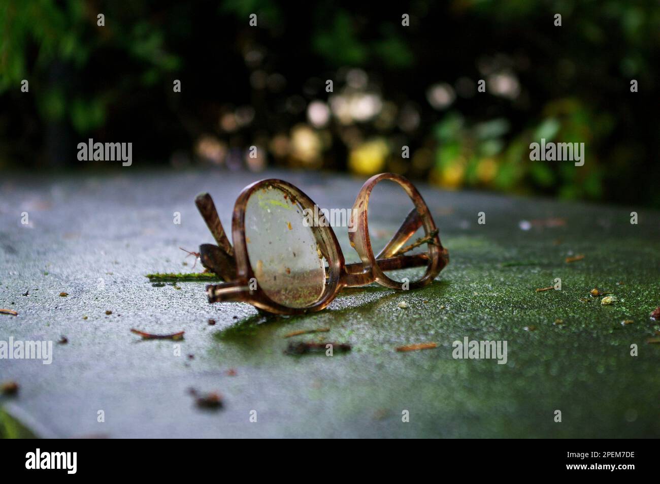Coppia di occhiali rotti, montatura dello spettacolo su cemento, artsy, melancholic, closeup Foto Stock