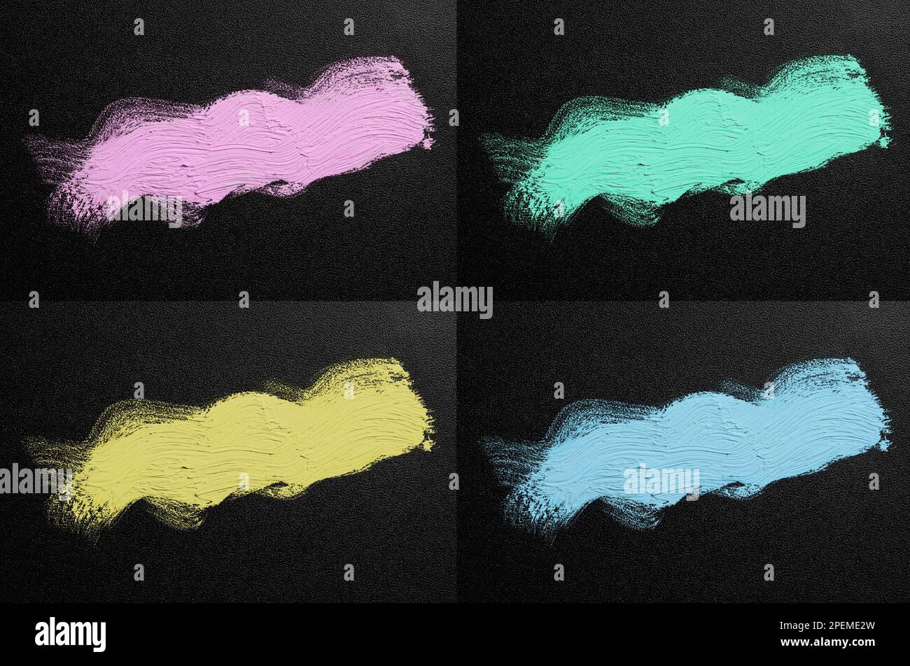 Set con tratti di diverse pitture ad olio su tela nera, vista dall'alto Foto Stock